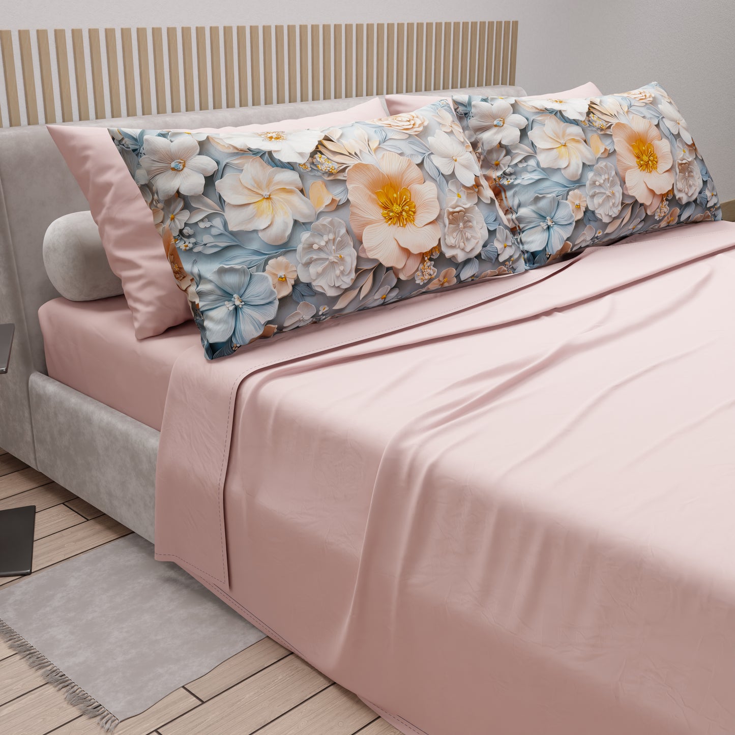 Draps en Coton, Parure de Lit avec Taies d'Oreiller à Imprimé Floral Numérique 05-20