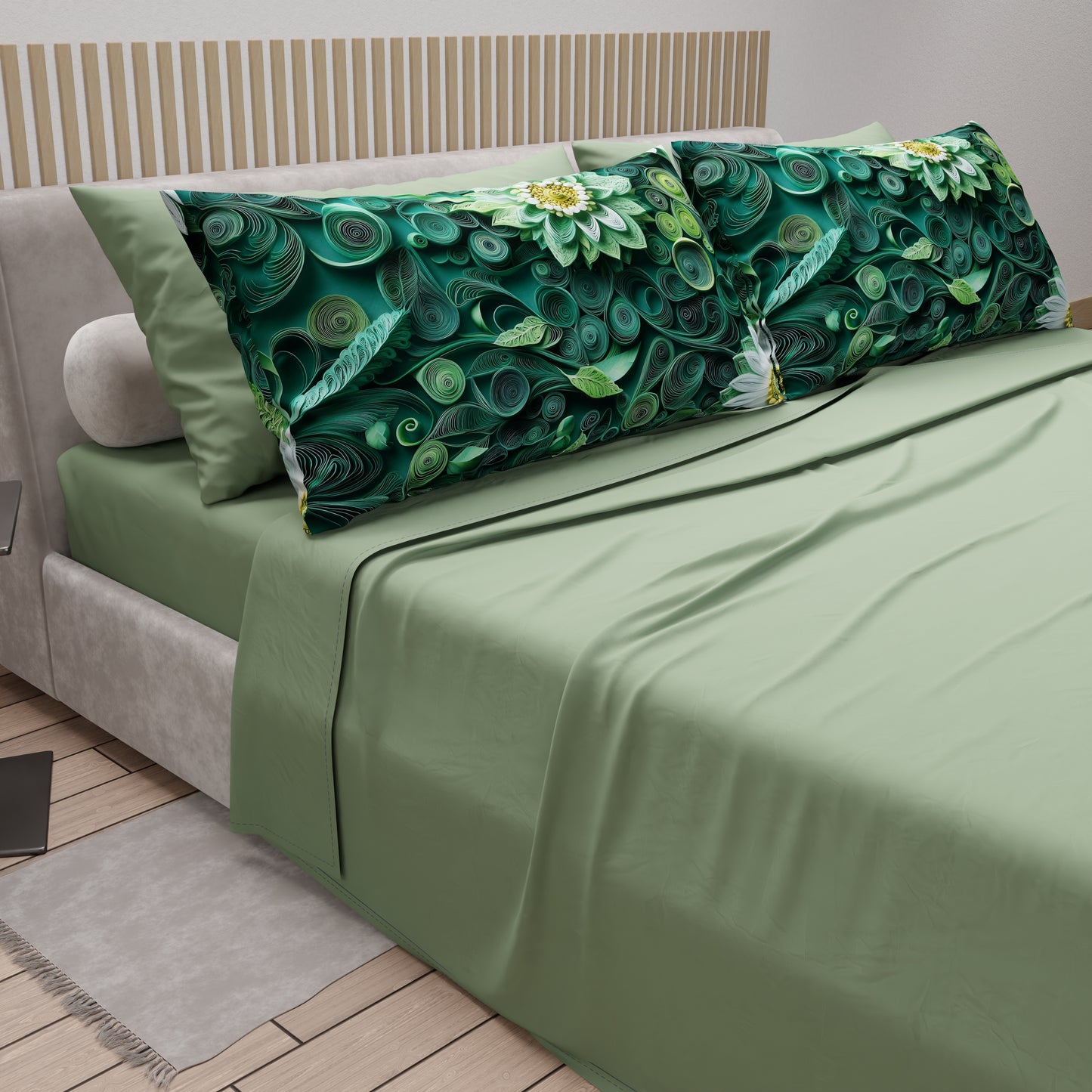 Draps en Coton, Parure de Lit avec Taies d'Oreiller à Imprimé Floral Numérique 05-22