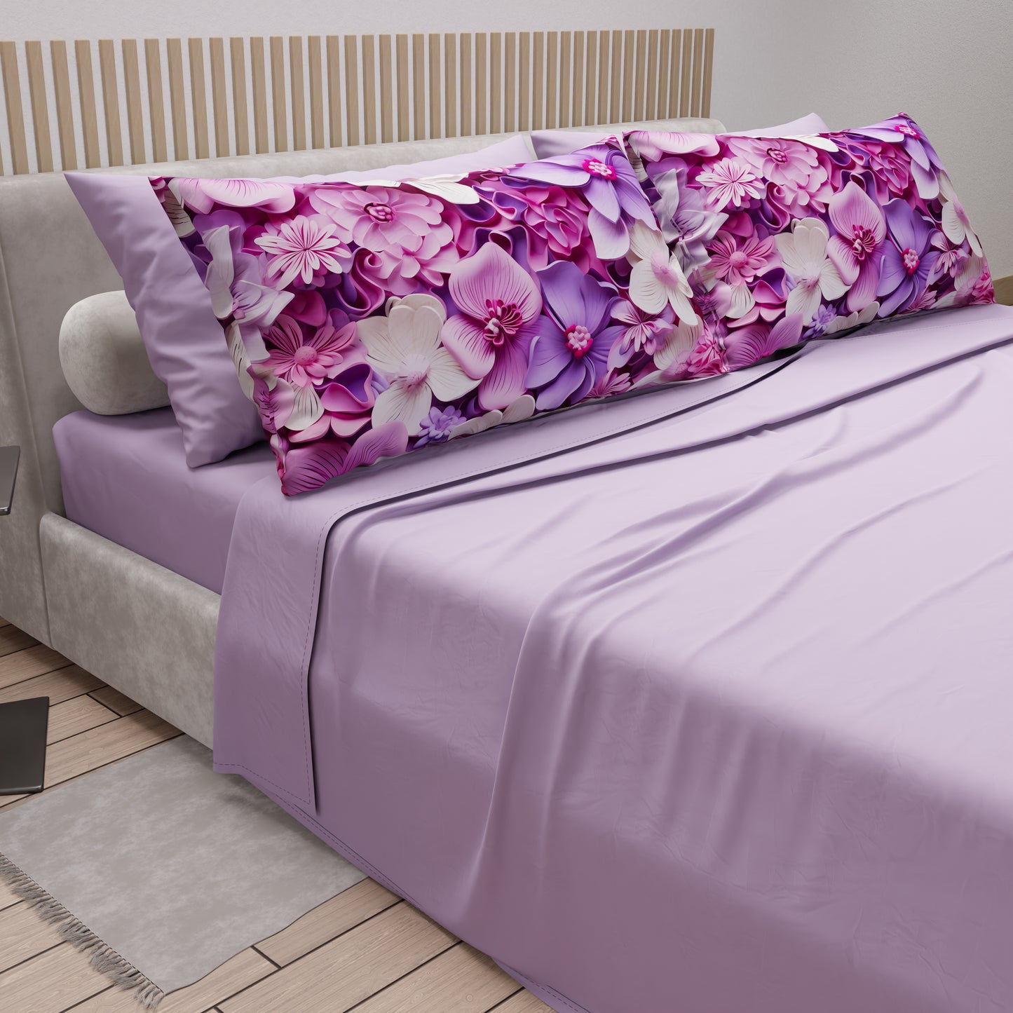 Draps en Coton, Parure de Lit avec Taies d'Oreiller à Imprimé Floral Numérique 05-23