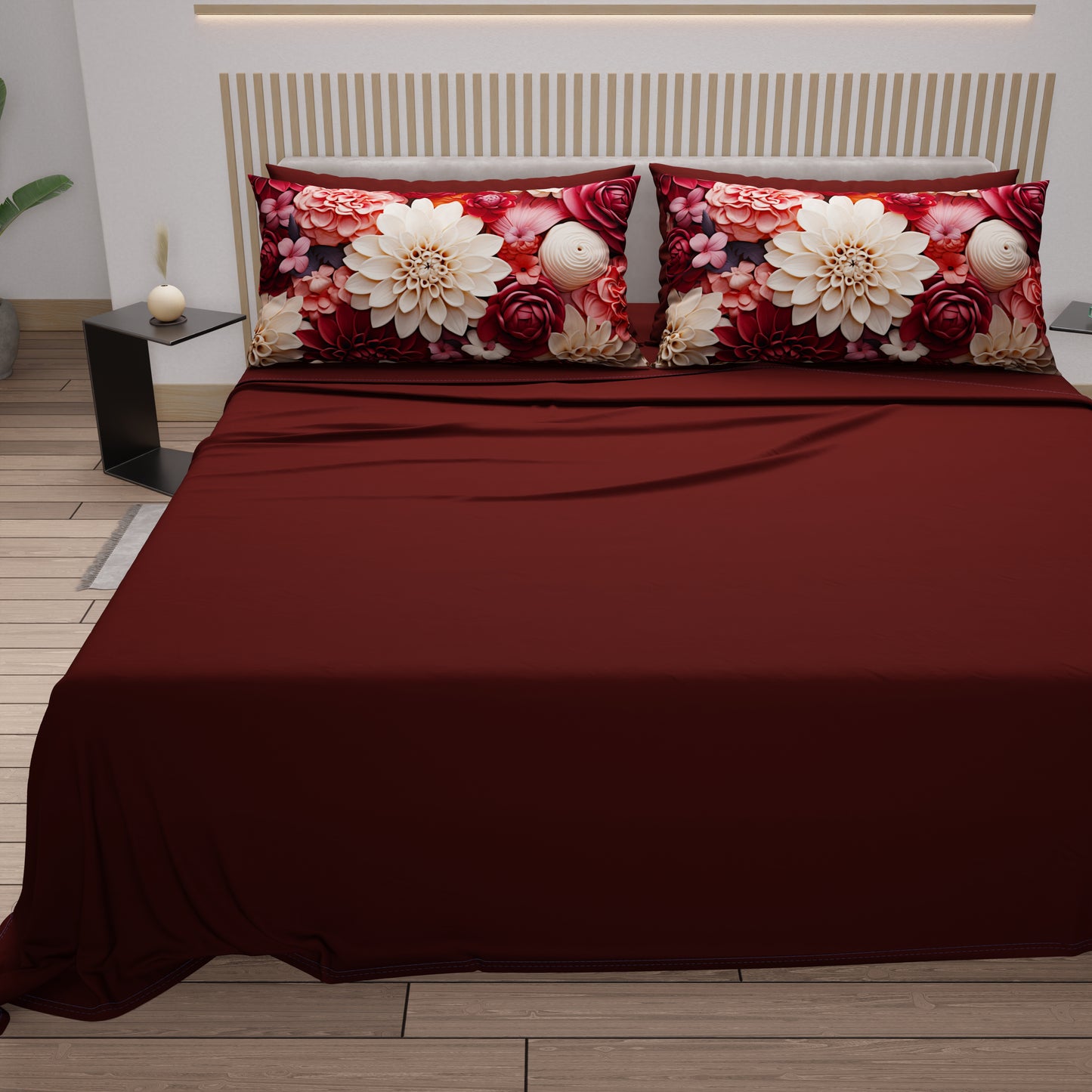 Draps en Coton, Parure de Lit avec Taies d'Oreiller à Imprimé Floral Numérique 05-24