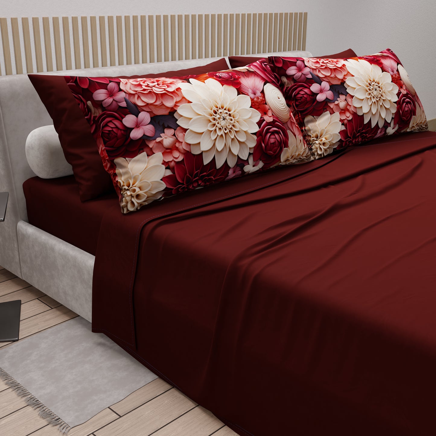 Draps en Coton, Parure de Lit avec Taies d'Oreiller à Imprimé Floral Numérique 05-24