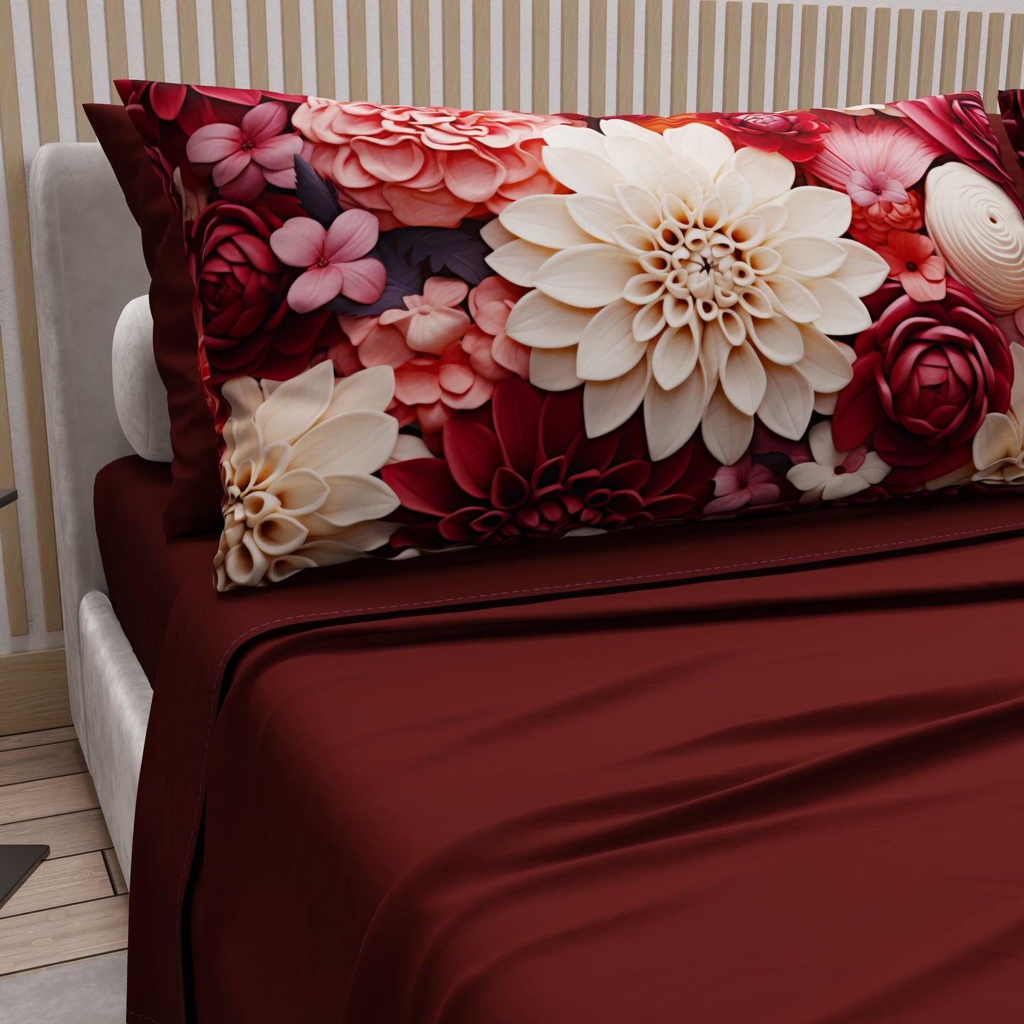 Draps en Coton, Parure de Lit avec Taies d'Oreiller à Imprimé Floral Numérique 05-24