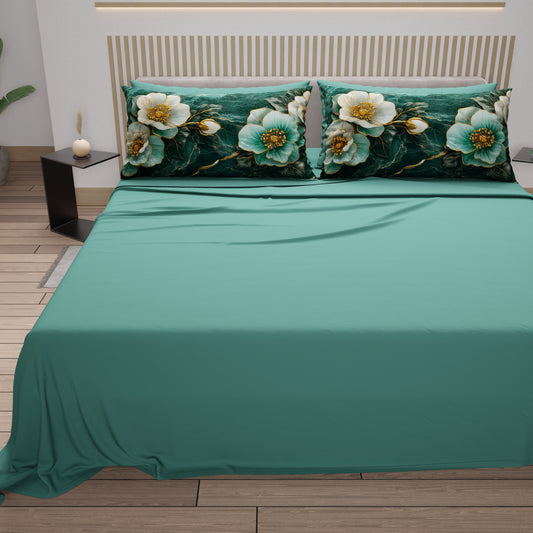 Draps en Coton, Parure de Lit avec Taies d'Oreiller en Impression Digitale Florale 06-19