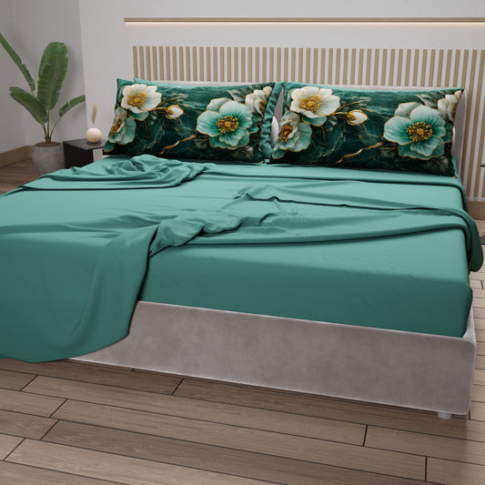 Draps en Coton, Parure de Lit avec Taies d'Oreiller en Impression Digitale Florale 06-19