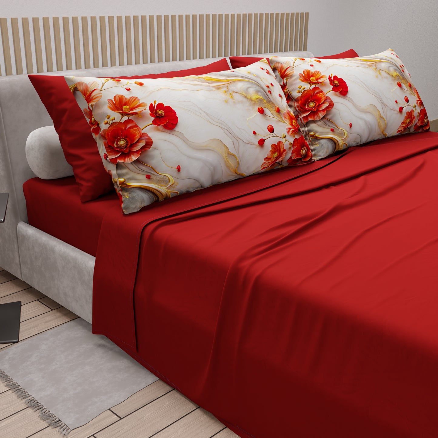 Draps en Coton, Parure de Lit avec Taies d'Oreiller en Impression Numérique Florale 06-2