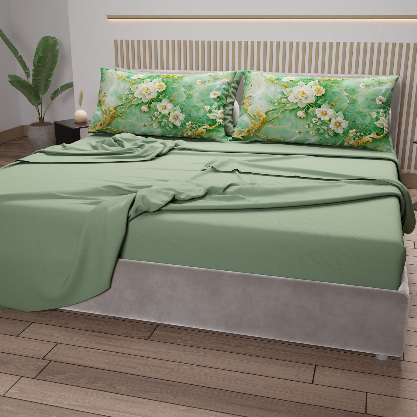 Draps en Coton, Parure de Lit avec Taies d'Oreiller en Impression Numérique Florale 06-3