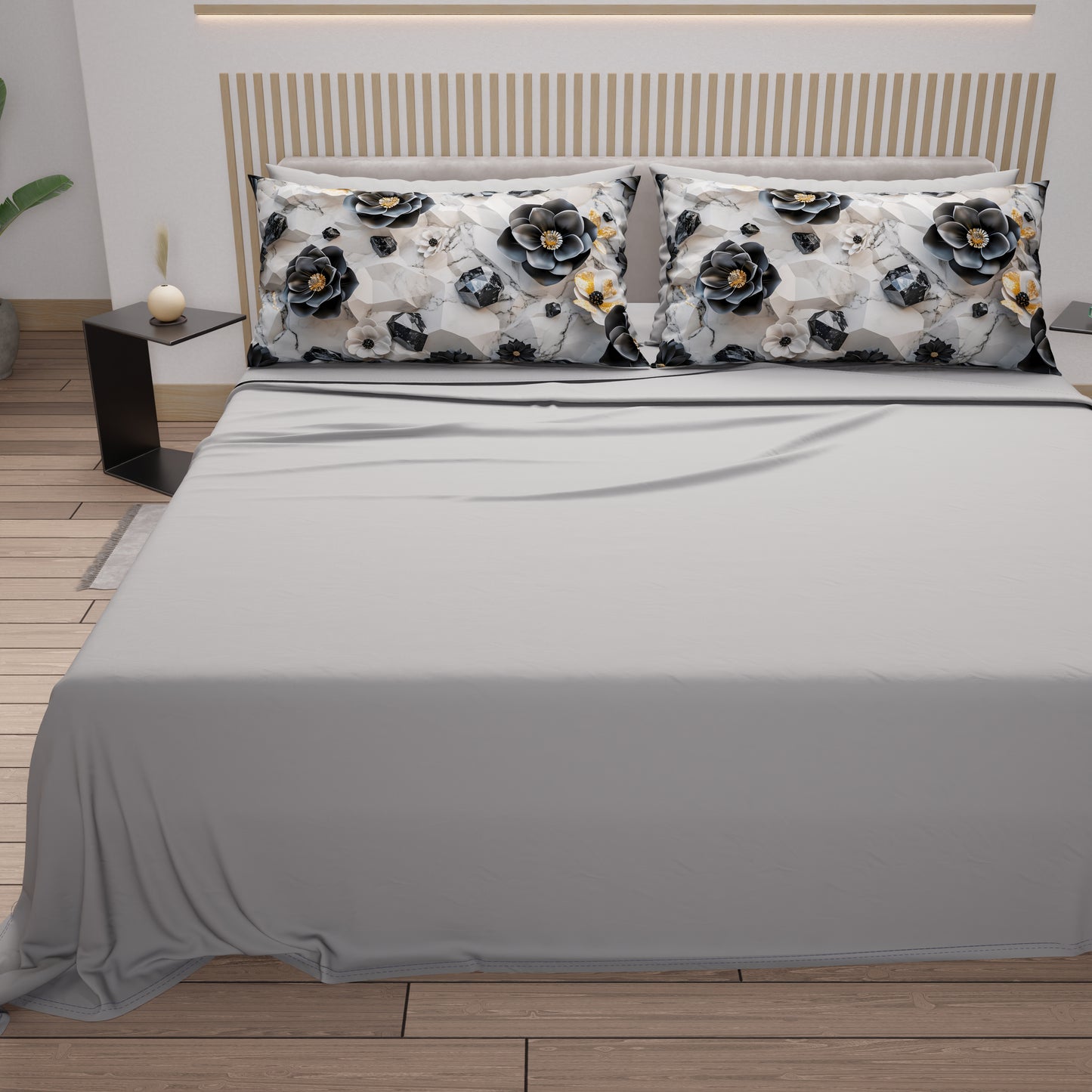 Draps en Coton, Parure de Lit avec Taies d'Oreiller en Impression Numérique Florale 06-7