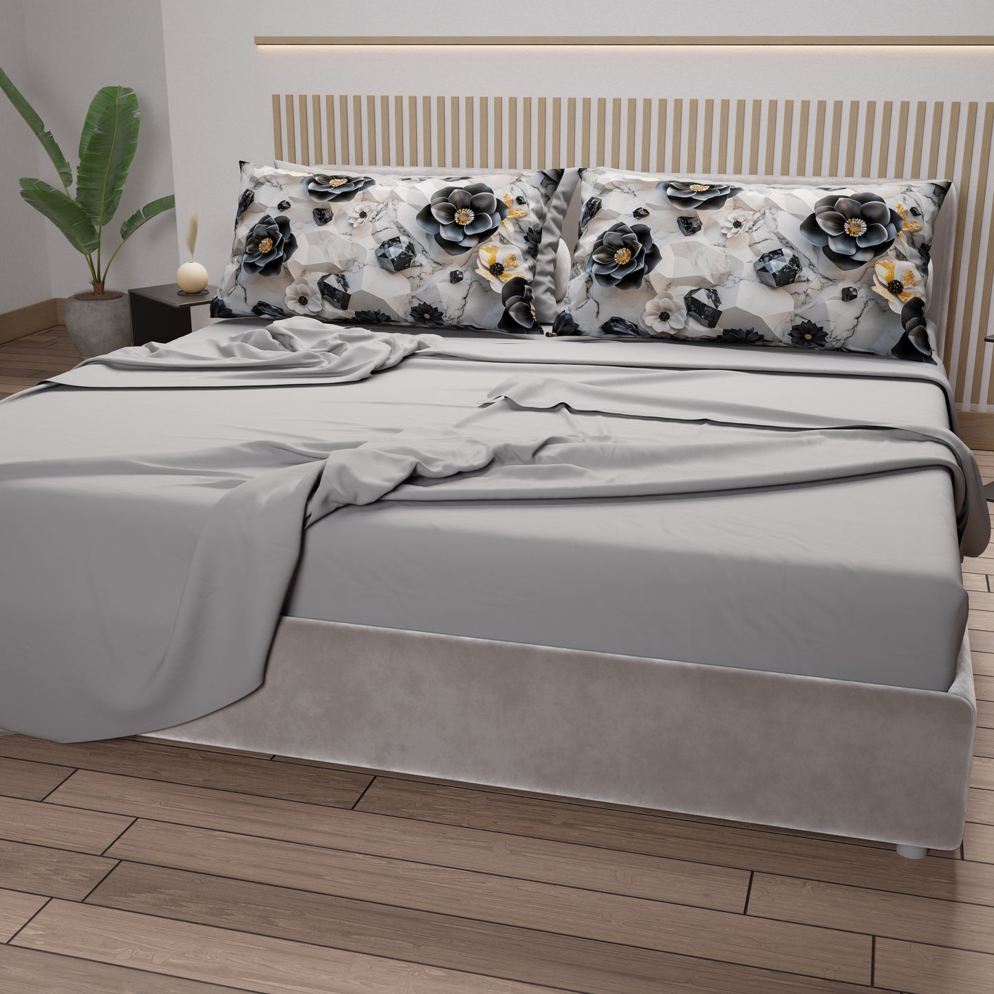 Draps en Coton, Parure de Lit avec Taies d'Oreiller en Impression Numérique Florale 06-7