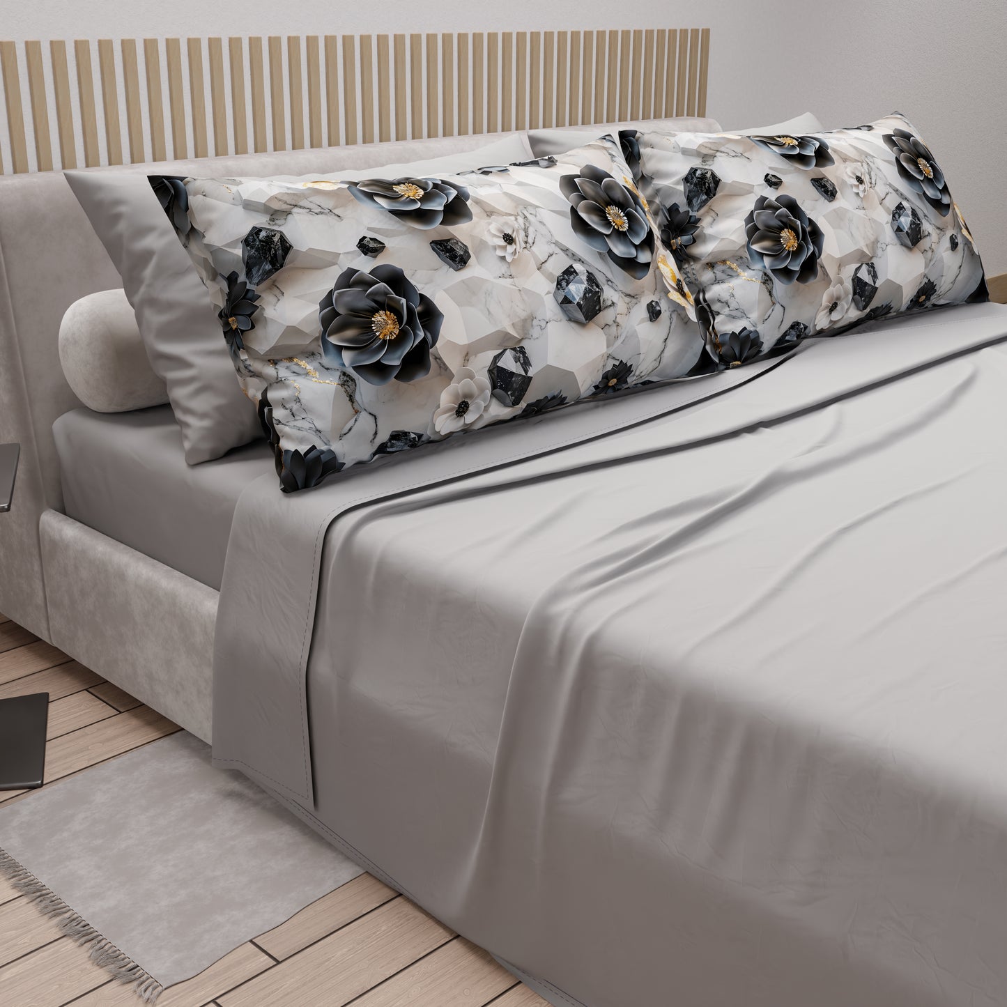 Draps en Coton, Parure de Lit avec Taies d'Oreiller en Impression Numérique Florale 06-7
