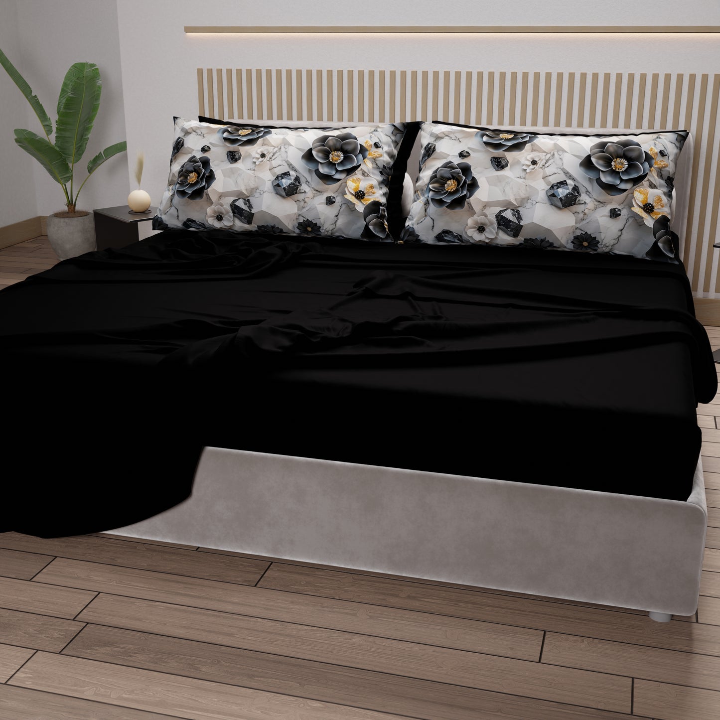 Draps en Coton, Parure de Lit avec Taies d'Oreiller en Impression Numérique Florale 06-7
