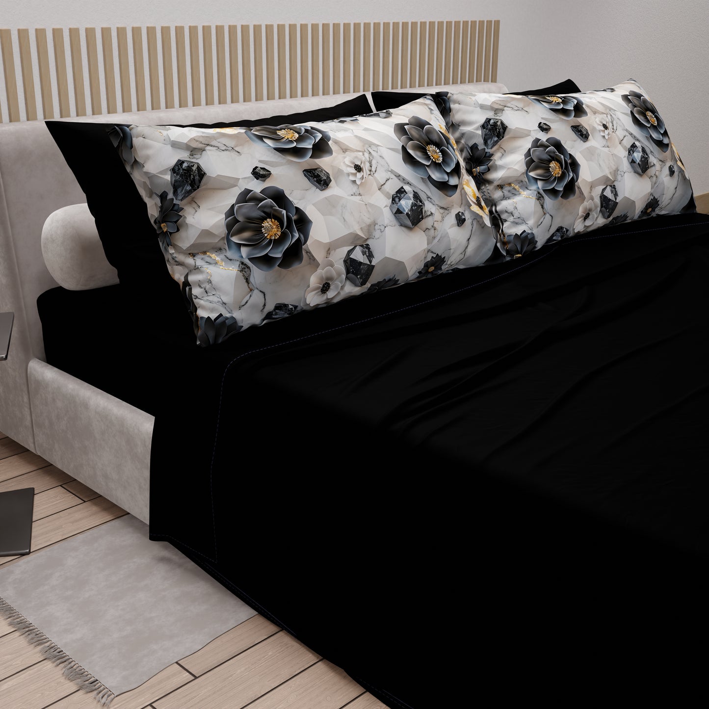 Draps en Coton, Parure de Lit avec Taies d'Oreiller en Impression Numérique Florale 06-7