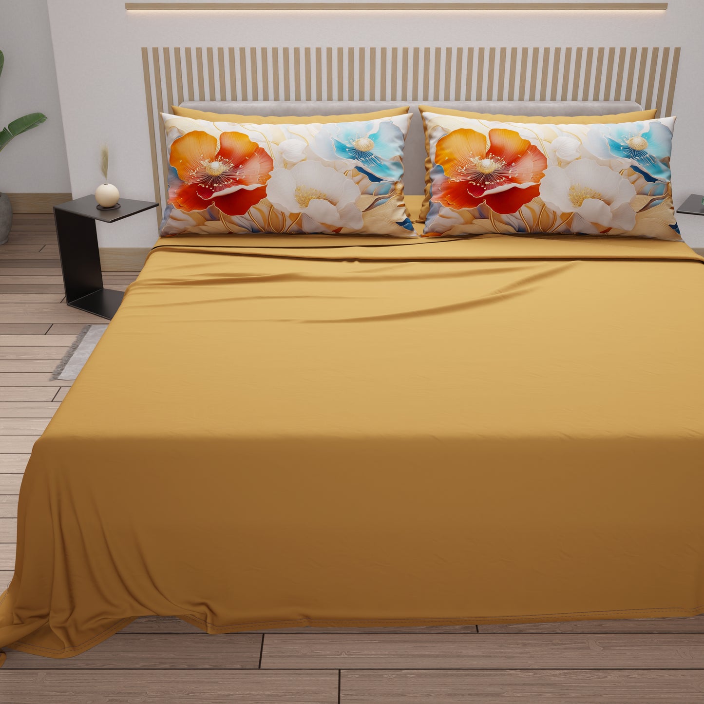 Draps en Coton, Parure de Lit avec Taies d'Oreiller en Impression Numérique Florale 06-9