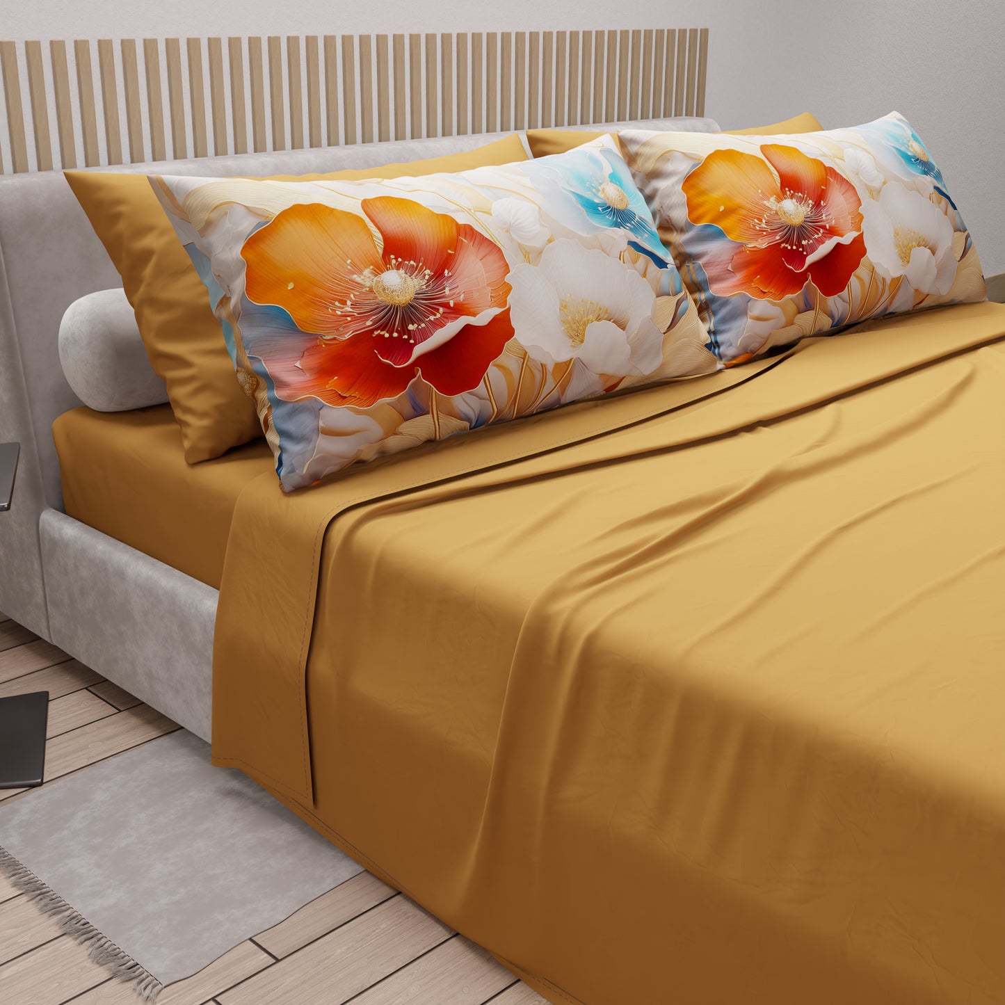 Draps en Coton, Parure de Lit avec Taies d'Oreiller en Impression Numérique Florale 06-9