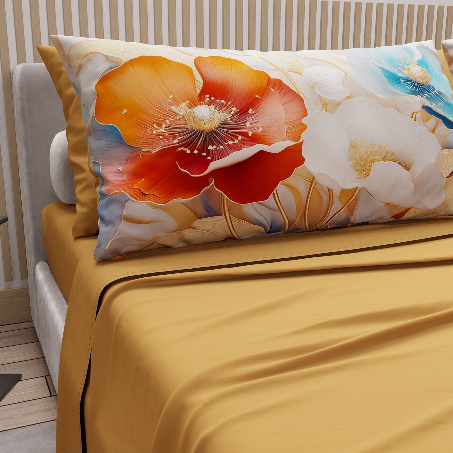 Draps en Coton, Parure de Lit avec Taies d'Oreiller en Impression Numérique Florale 06-9