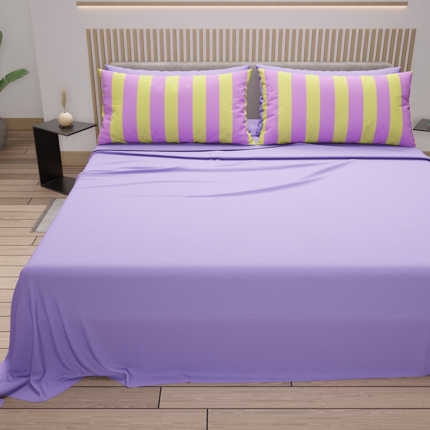 Lenzuola in Cotone, Completo Letto con Federe in Stampa Digitale Righe Giallo/Lilla