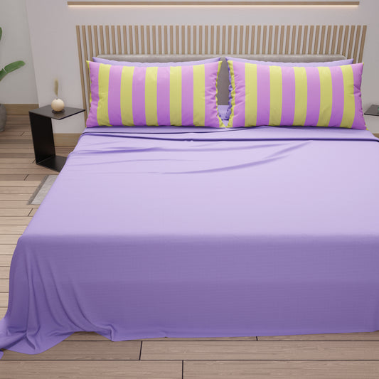 Lenzuola in Cotone, Completo Letto con Federe in Stampa Digitale Righe Giallo/Lilla