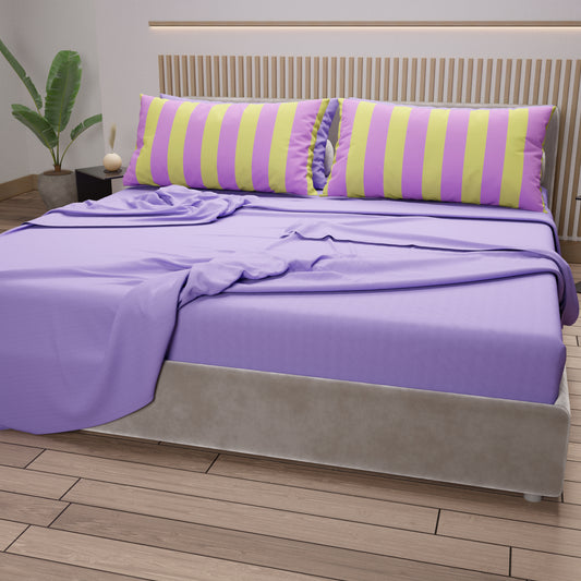 Lenzuola in Cotone, Completo Letto con Federe in Stampa Digitale Righe Giallo/Lilla