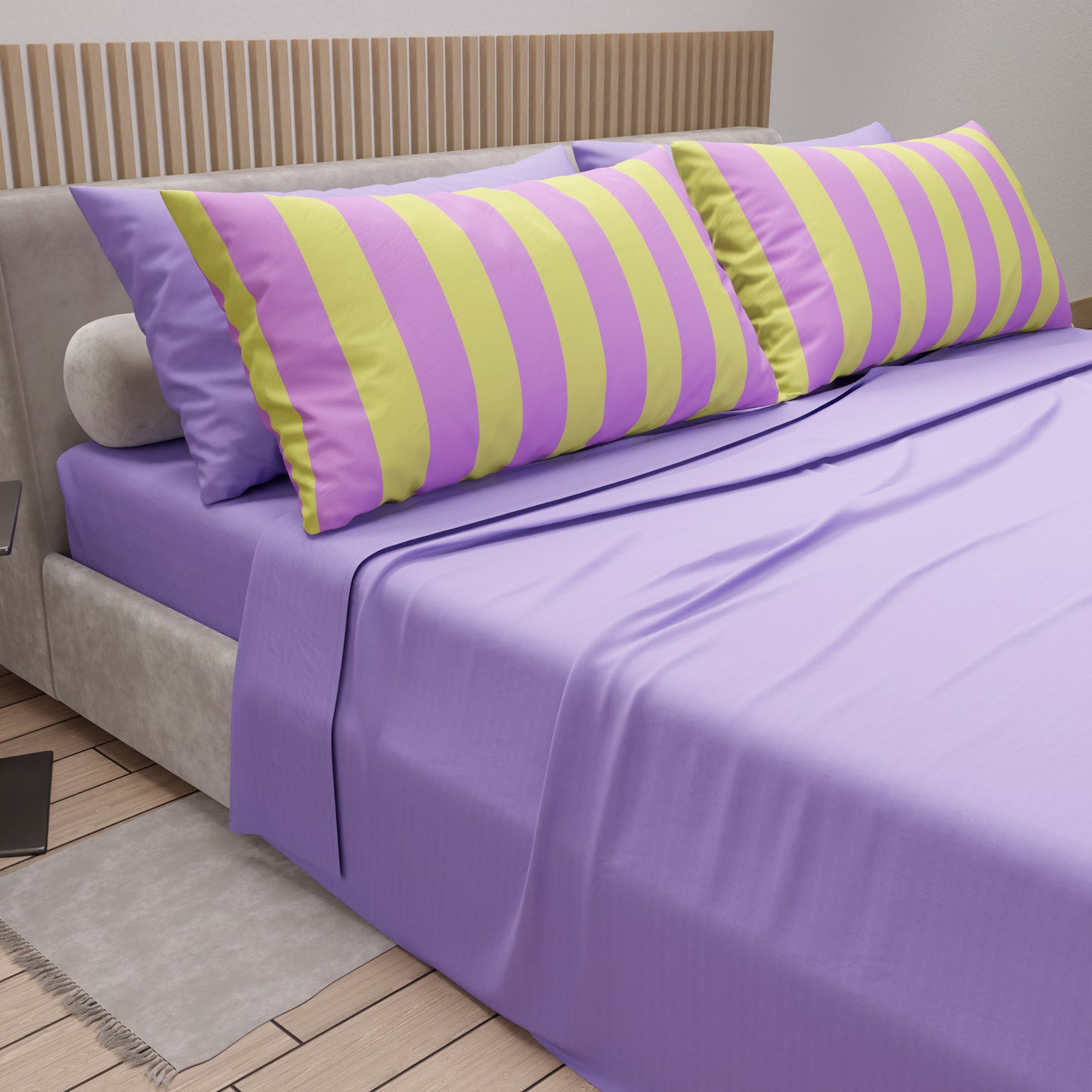 Lenzuola in Cotone, Completo Letto con Federe in Stampa Digitale Righe Giallo/Lilla