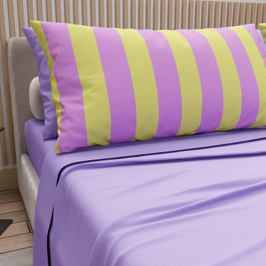 Lenzuola in Cotone, Completo Letto con Federe in Stampa Digitale Righe Giallo/Lilla