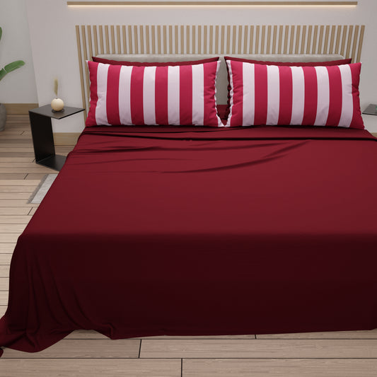 Lenzuola in Cotone, Completo Letto con Federe in Stampa Digitale Righe Rosa/Bordeaux