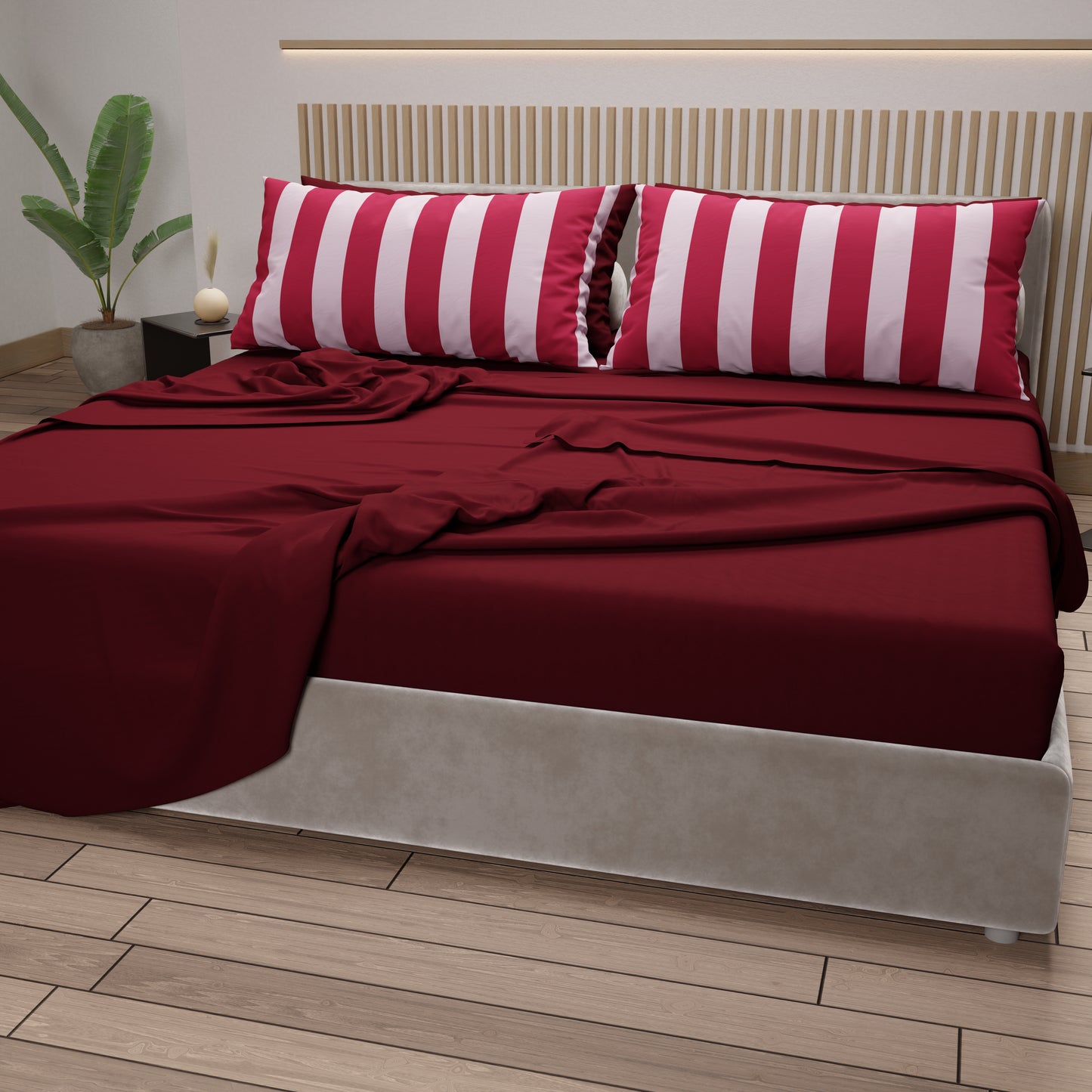 Lenzuola in Cotone, Completo Letto con Federe in Stampa Digitale Righe Rosa/Bordeaux