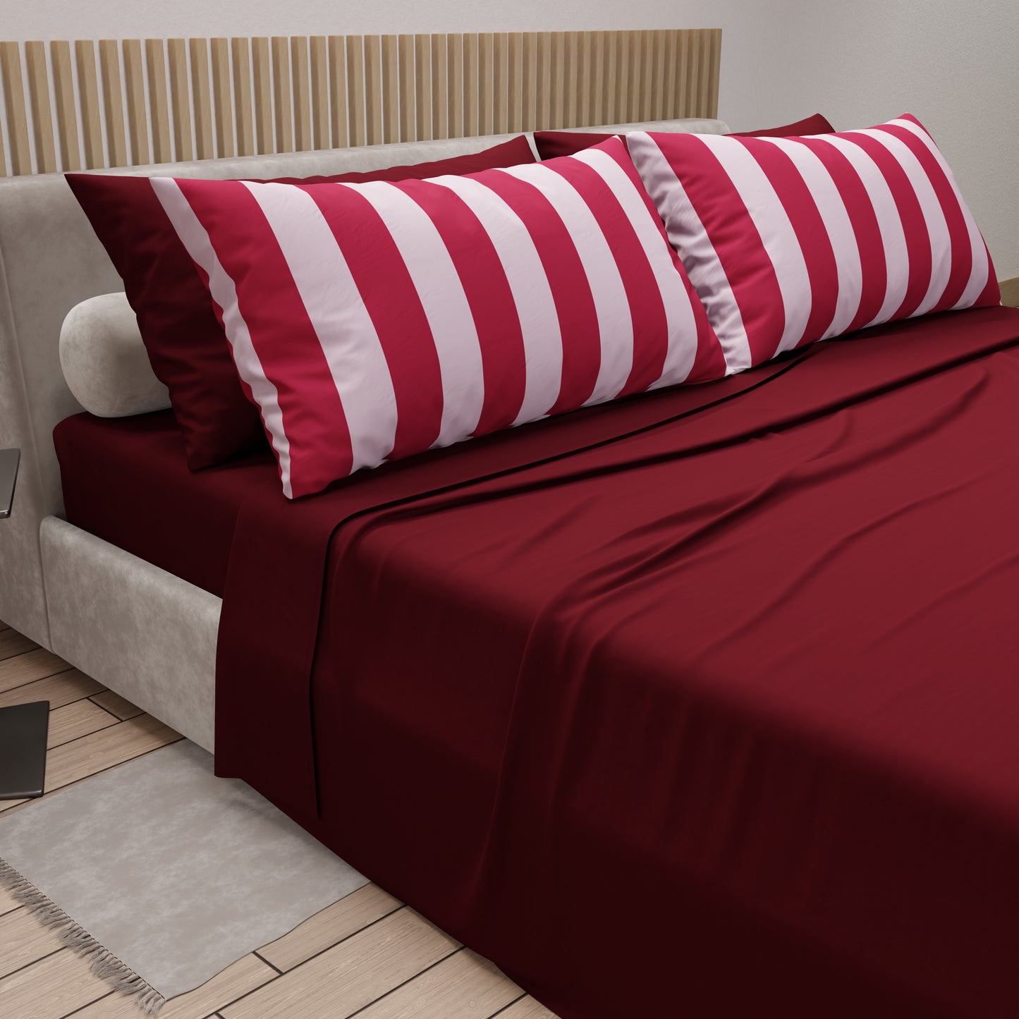 Lenzuola in Cotone, Completo Letto con Federe in Stampa Digitale Righe Rosa/Bordeaux