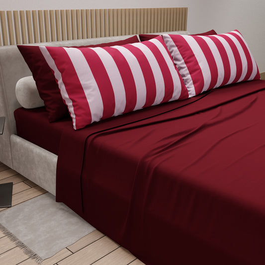 Lenzuola in Cotone, Completo Letto con Federe in Stampa Digitale Righe Rosa/Bordeaux