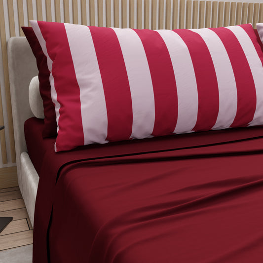 Lenzuola in Cotone, Completo Letto con Federe in Stampa Digitale Righe Rosa/Bordeaux