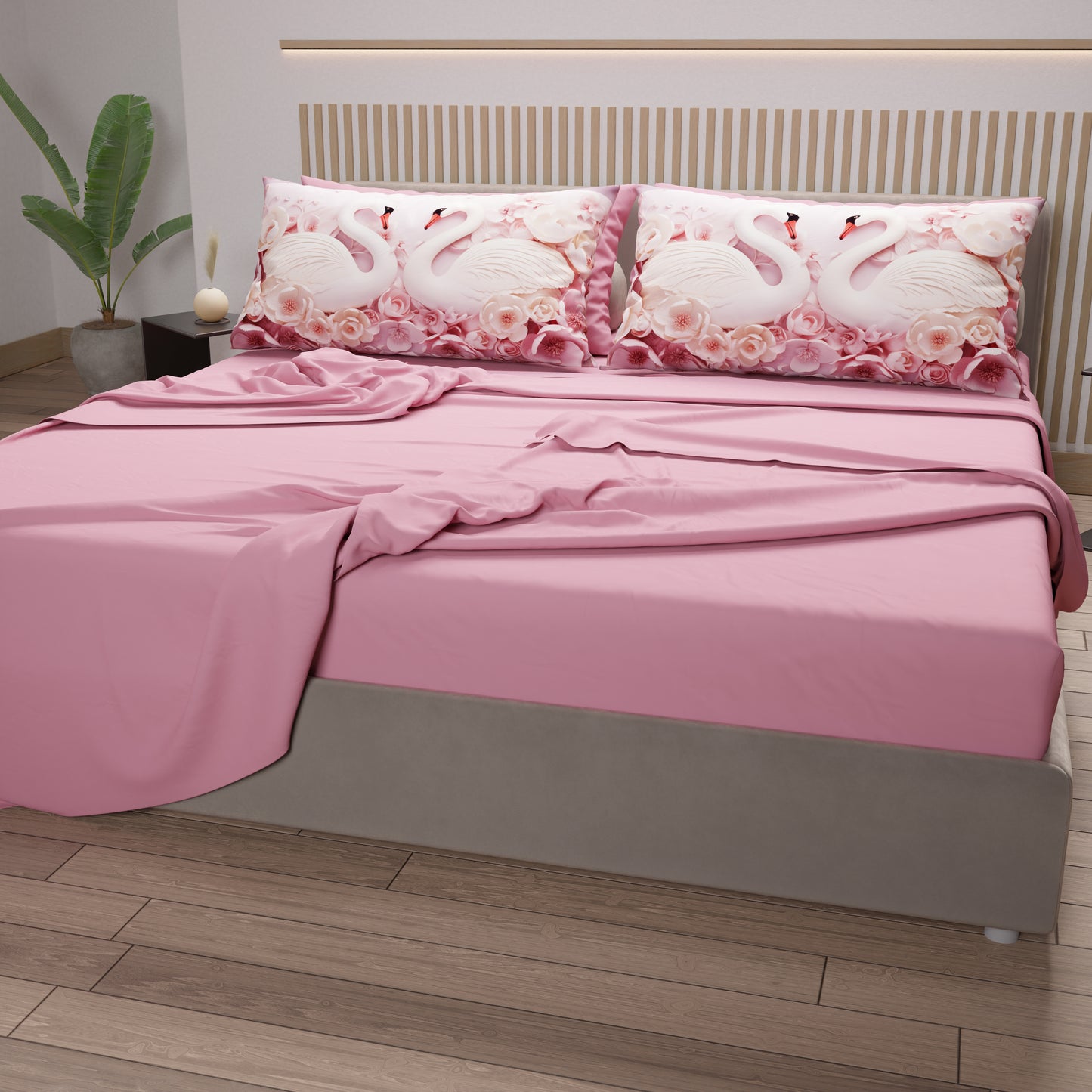 Lenzuola in Cotone, Completo Letto con Federe in Stampa Digitale Cigni Rosa