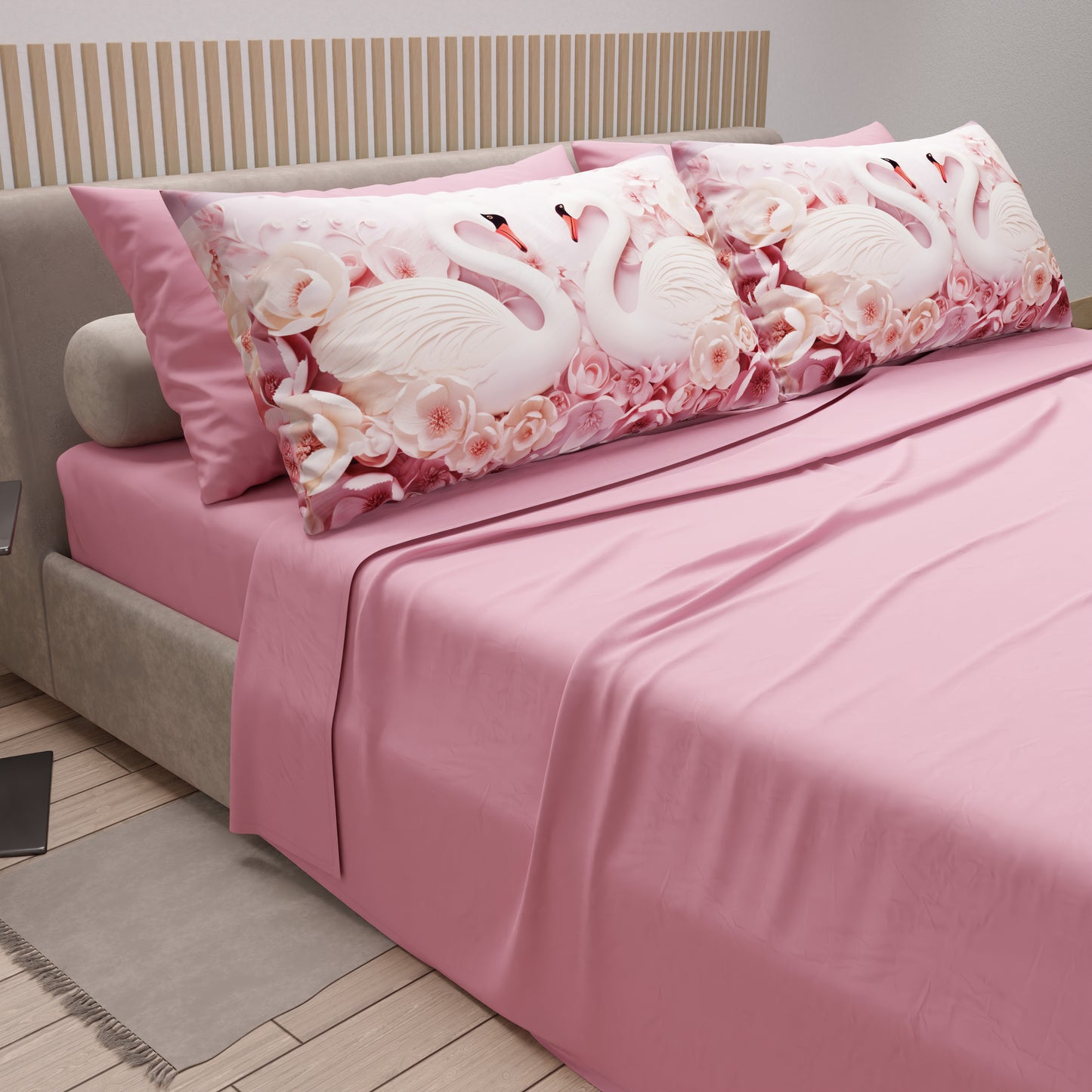 Lenzuola in Cotone, Completo Letto con Federe in Stampa Digitale Cigni Rosa