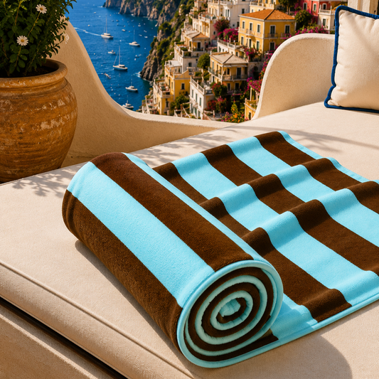 Telo Mare Microfibra, Asciugamano Mare, Telo per Lettino Righe Marrone/Celeste.