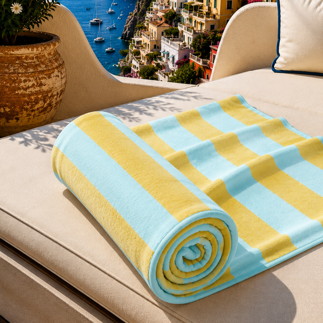 Telo Mare Microfibra, Asciugamano Mare, Telo per Lettino Righe Giallo Ocra/Celeste.