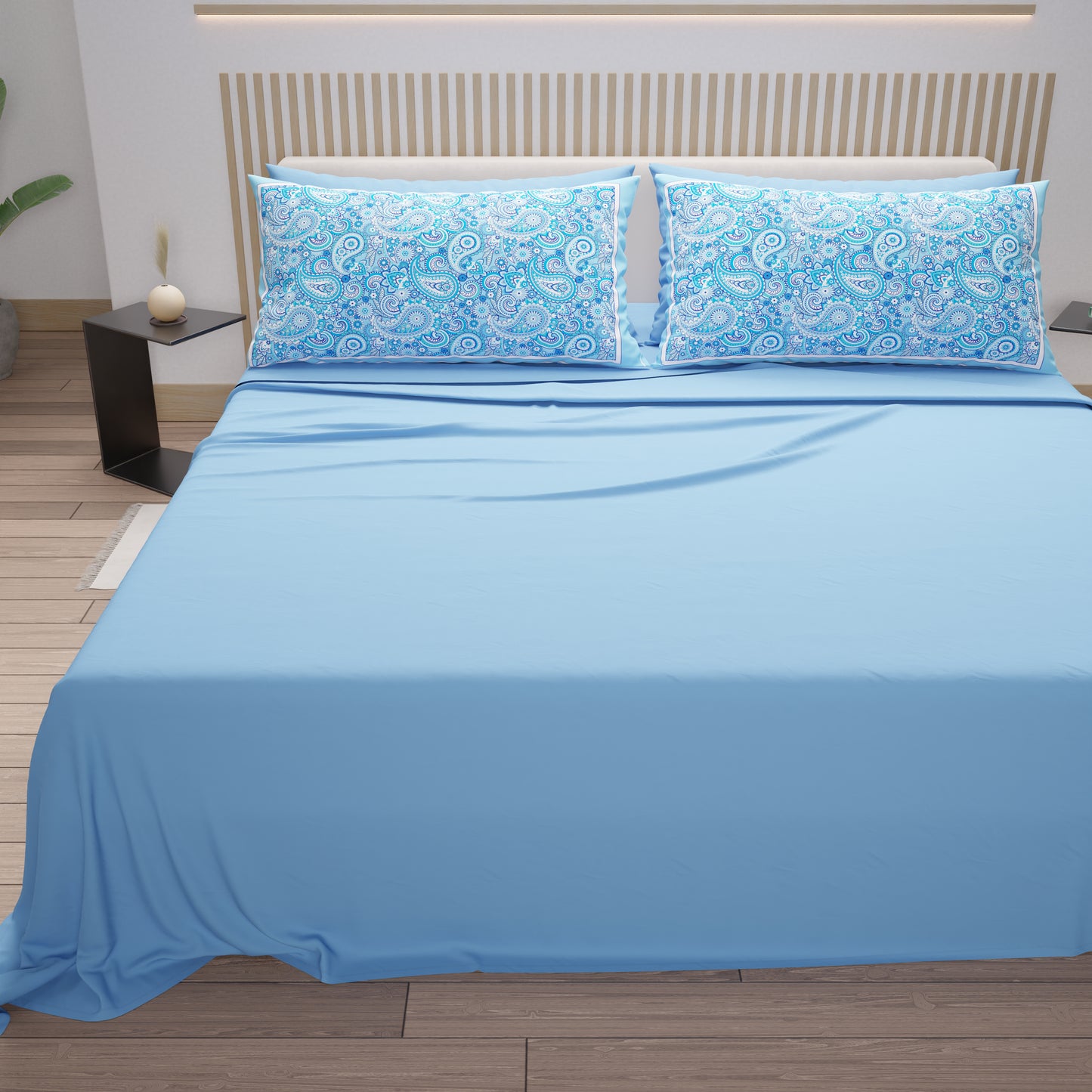 Lenzuola in Cotone, Completo Letto con Federe in Stampa Digitale Paisley Azzurro