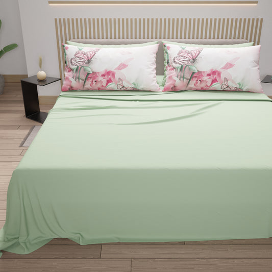 Draps en Coton, Parure de Lit avec Taies d'Oreiller en Impression Digitale Roses Papillon