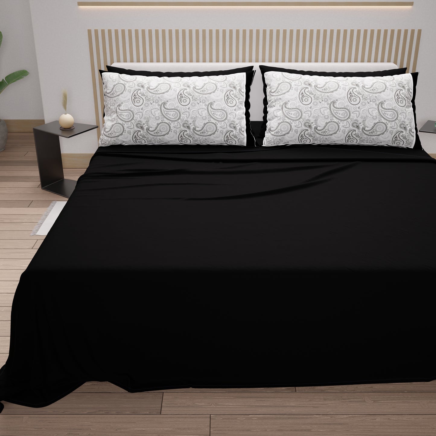 Cotton Sheets, Bed Set with Black Paisley Digital Print Pillowcases