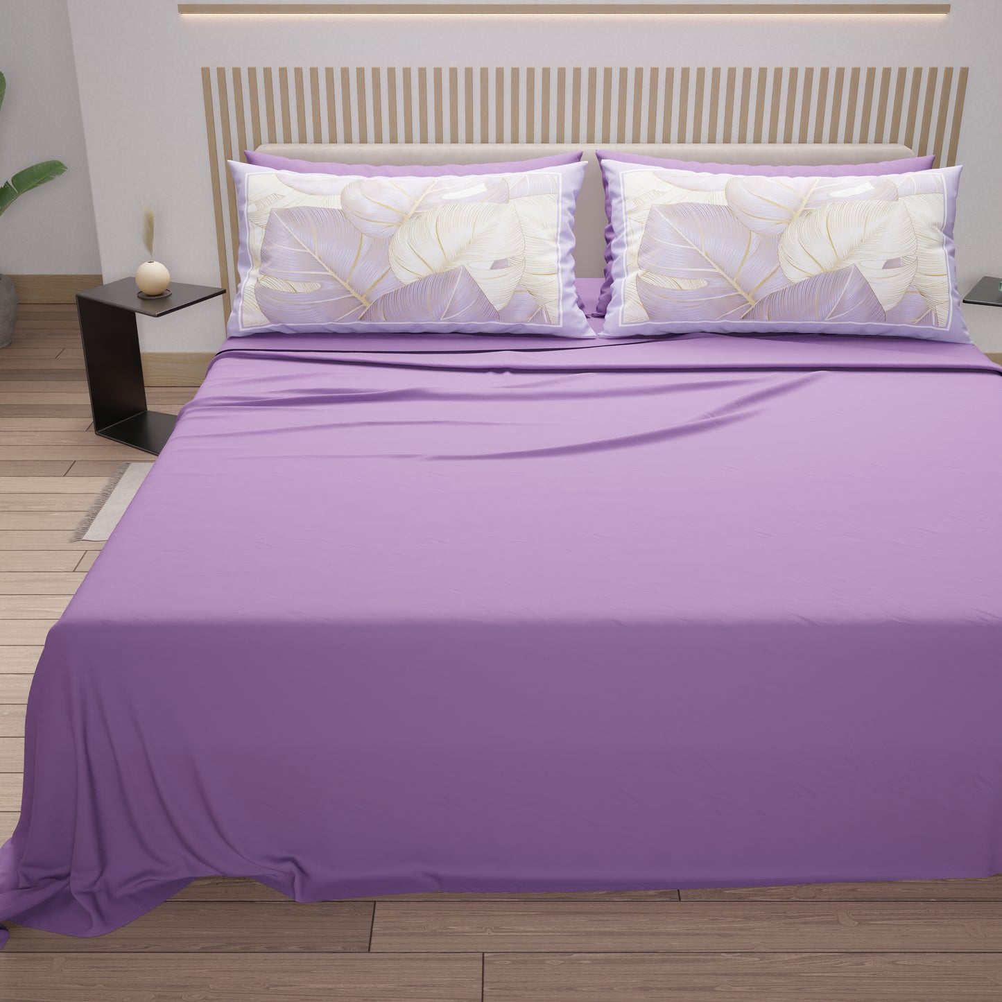 Draps en Coton, Parure de Lit avec Taies d'Oreiller en Impression Numérique Tropical Lila-Or