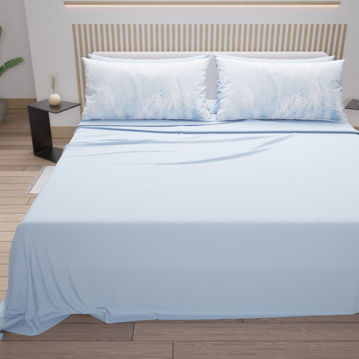 Draps en Coton, Parure de Lit avec Taies d'Oreiller en Impression Numérique Feuille Céleste
