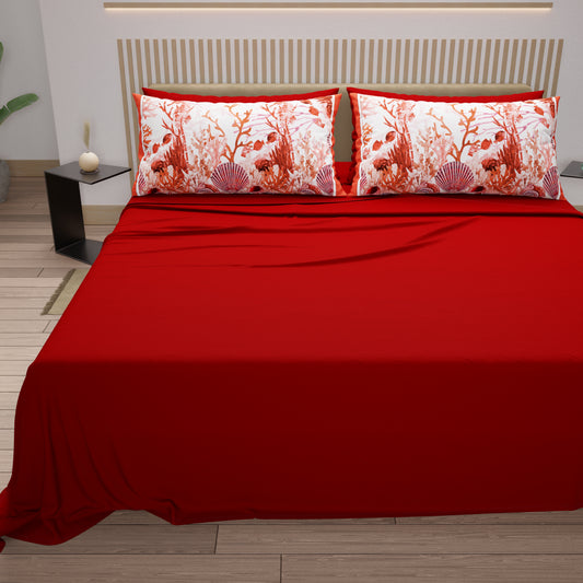 Draps en Coton, Parure de Lit avec Taies d'Oreiller en Impression Numérique Corail Rouge