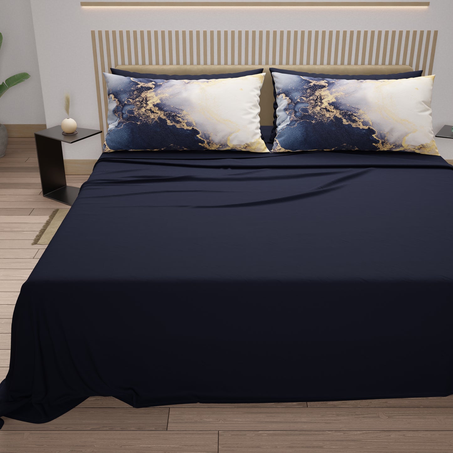 Draps en Coton, Parure de Lit avec Taies d'Oreiller en Impression Digitale Marbre 08 Bleu