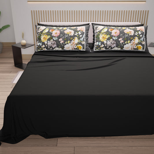 Lenzuola in Cotone, Completo Letto con Federe in Stampa Digitale Floreale 06-Nero