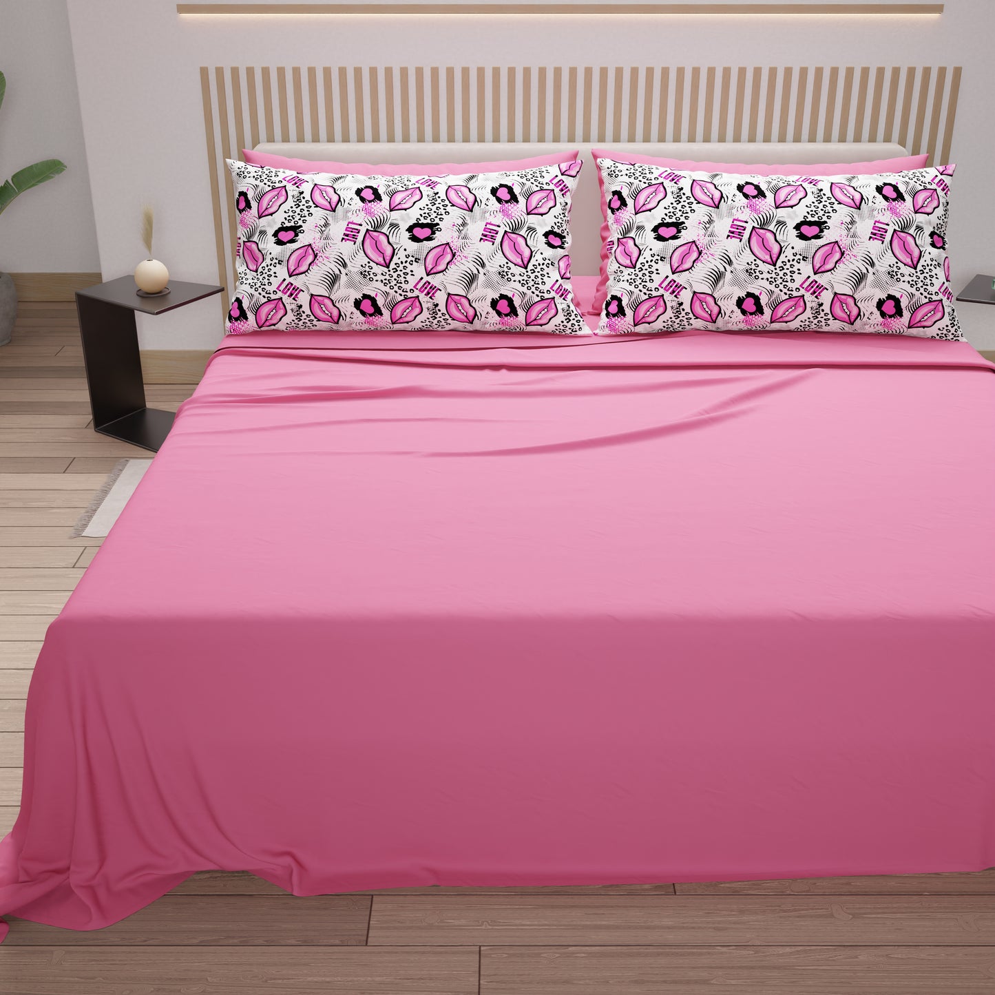 Draps en Coton, Parure de Lit avec Taies d'Oreiller en Impression Digitale Rouge à Lèvres Blanc