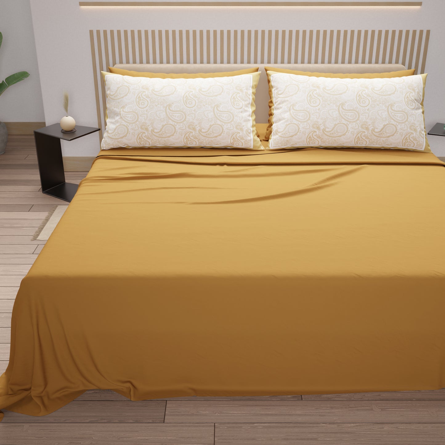 Lenzuola in Cotone, Completo Letto con Federe in Stampa Digitale Paisley Beige