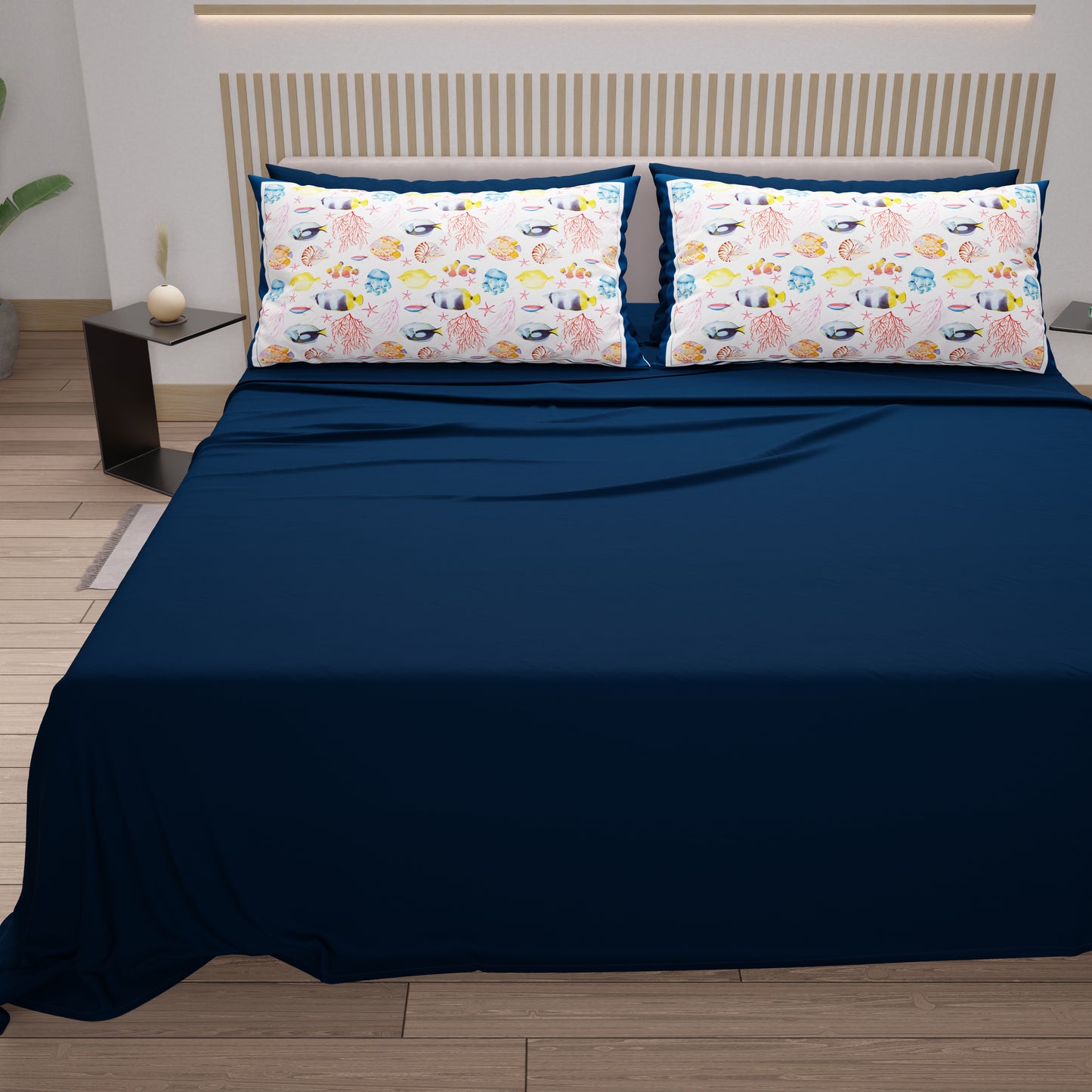 Draps en Coton, Parure de Lit avec Taies d'Oreiller en Impression Digitale Marino 05