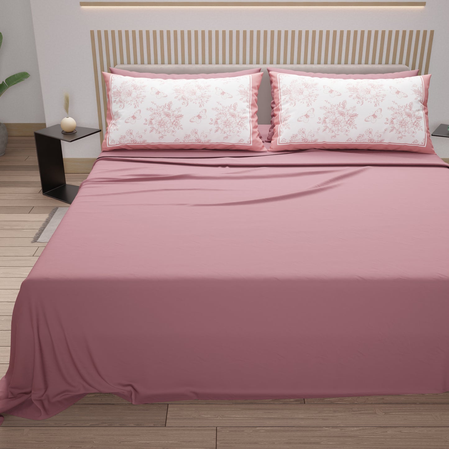 Lenzuola in Cotone, Completo Letto con Federe in Stampa Digitale Botanic Rosa