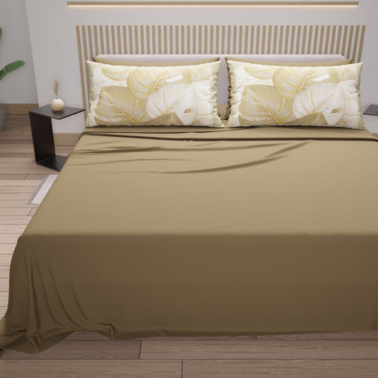 Draps en Coton, Parure de Lit avec Taies d'Oreiller en Impression Numérique Tropical Taupe-Or