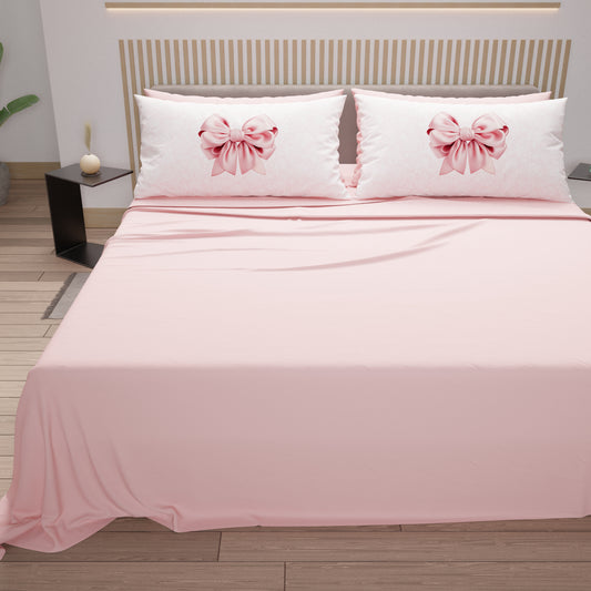 Lenzuola in Cotone, Completo Letto con Federe in Stampa Digitale Fiocco Rosa