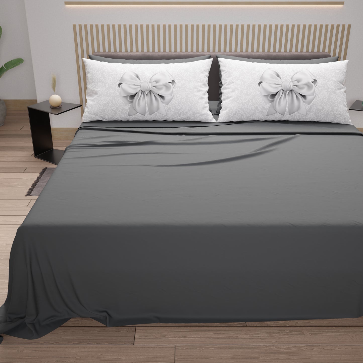 Draps en Coton, Parure de Lit avec Taies d'Oreiller en Impression Numérique Noeud Gris
