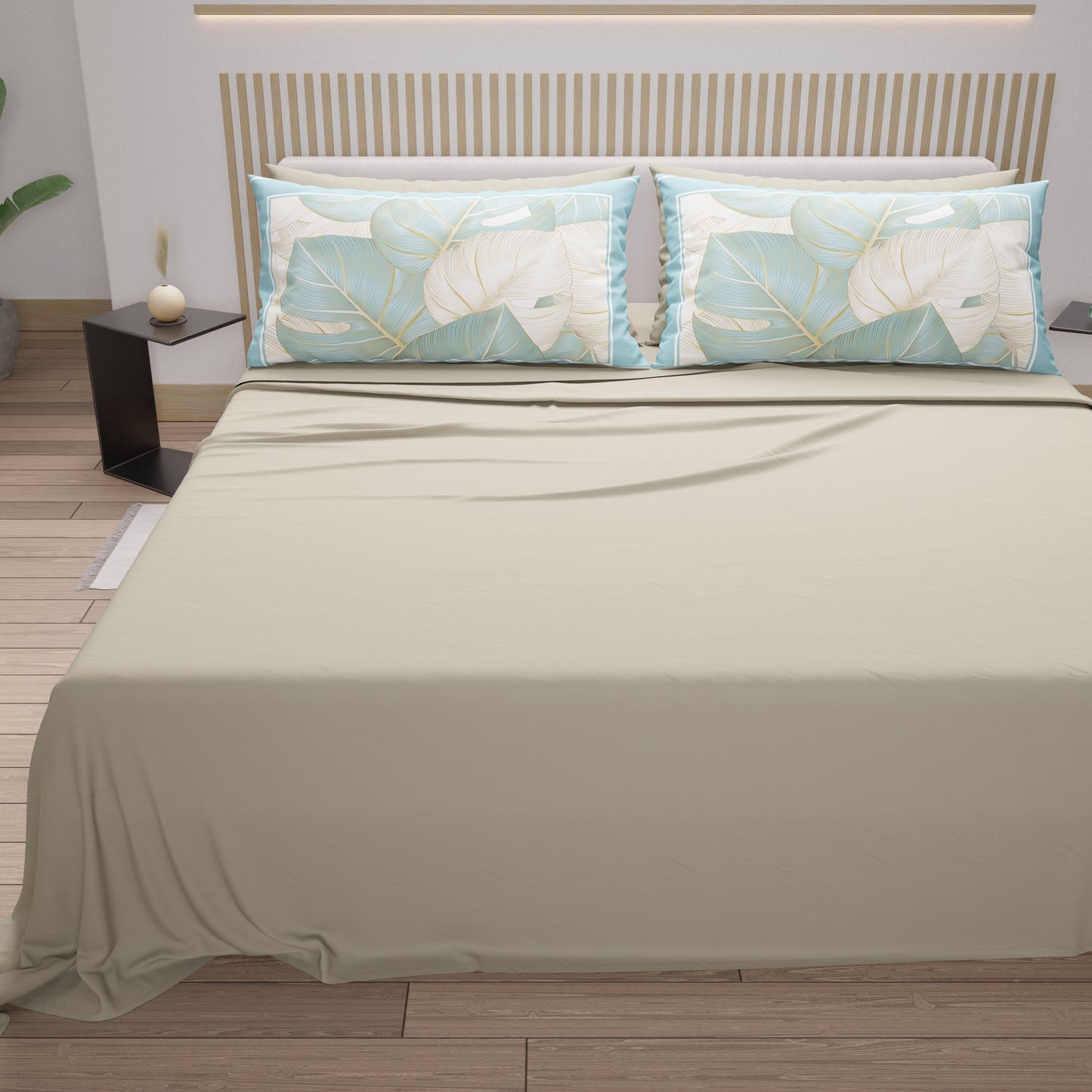 Draps en Coton, Parure de Lit avec Taies d'Oreiller en Impression Numérique Tropical Céleste-Or