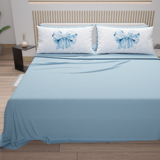 Lenzuola in Cotone, Completo Letto con Federe in Stampa Digitale Fiocco Celeste