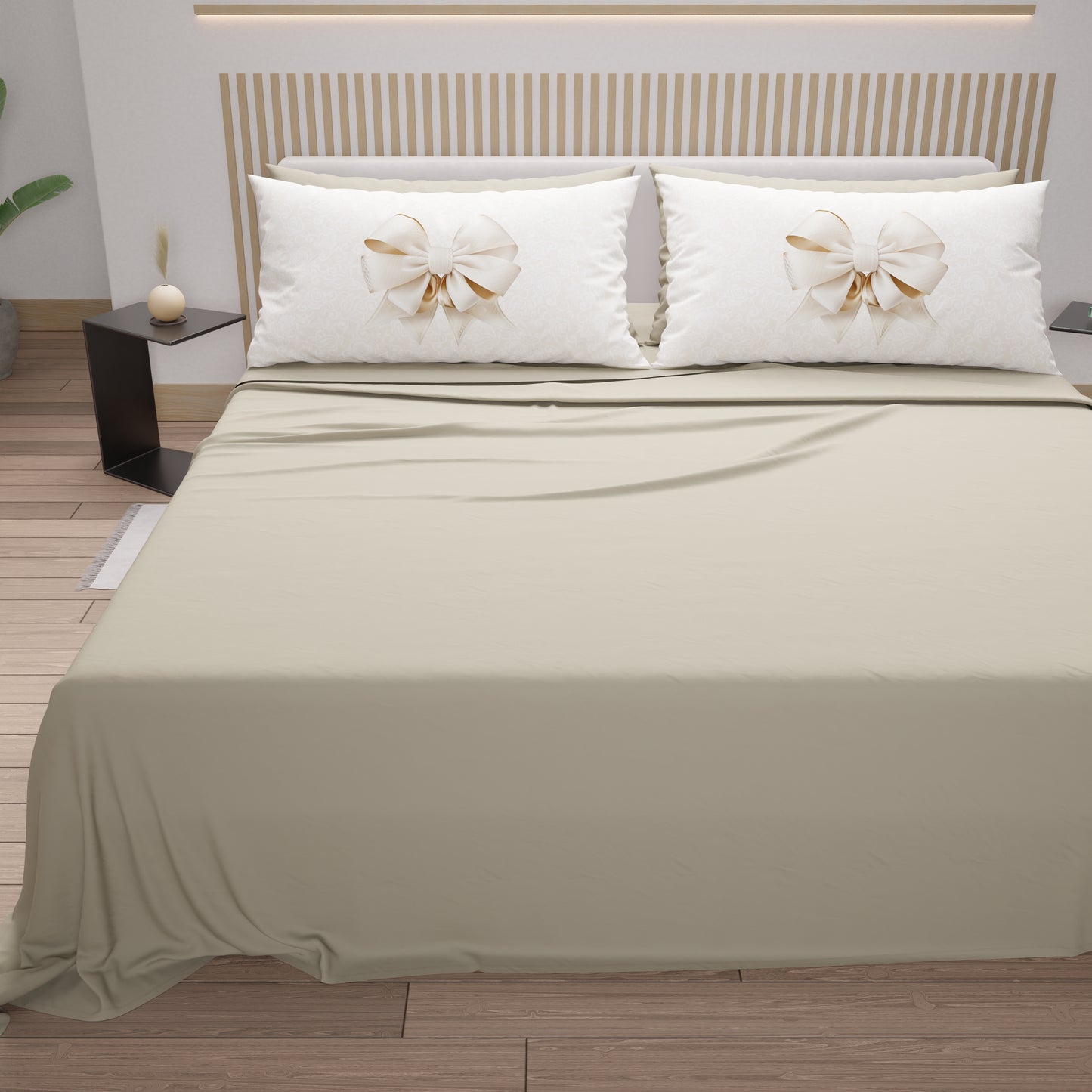 Cotton Sheets, Bed Set with Beige Bow Digital Print Pillowcases